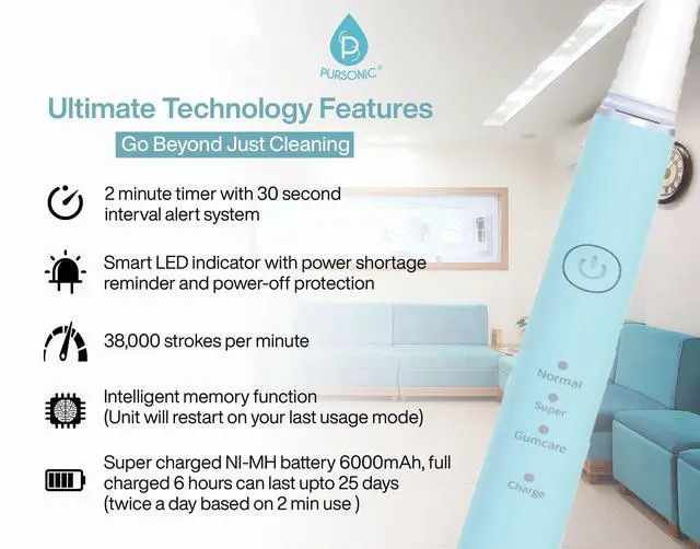 Alt view image 2 of 7 - Whitening USB Rechargeable Sonic Toothbrush-12 Brush Heads!- 38,000 Brush Strokes Per Minute-3 Brushing Modes with 2 Minute Auto Timer (Green)