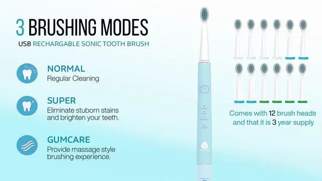 Alt view image 4 of 7 - Whitening USB Rechargeable Sonic Toothbrush-12 Brush Heads!- 38,000 Brush Strokes Per Minute-3 Brushing Modes with 2 Minute Auto Timer (Green)