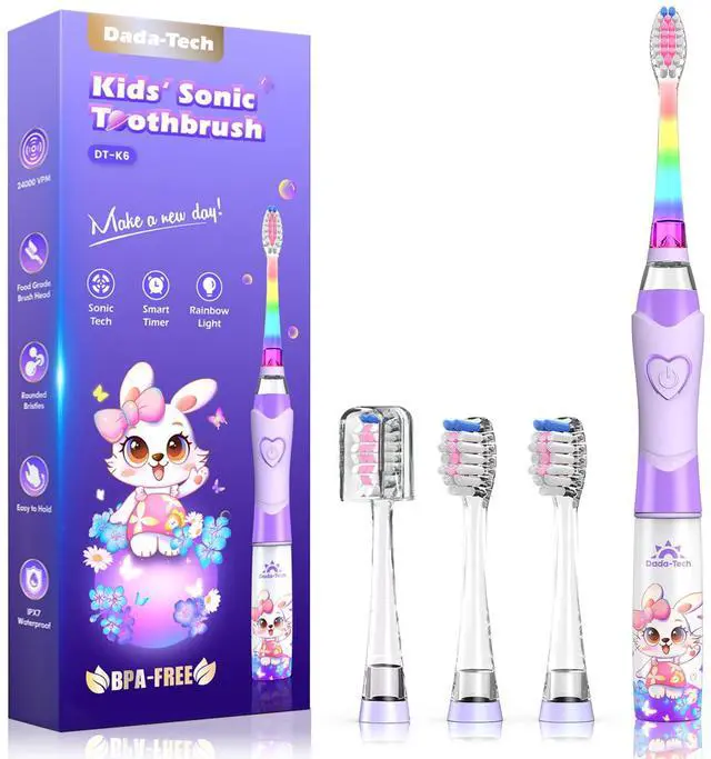 Main image of Kids Electric Toothbrush with Timer Toddler Toothbrush Age 2-4-8-12 Girls Electric Toothbrush Rainbow LED Light Up Vibrating Toothbrush Battery Operated Childrens Sonic Tooth Brush (Rabbit Purple)