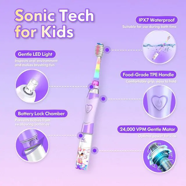Alt view image 4 of 6 - Kids Electric Toothbrush with Timer Toddler Toothbrush Age 2-4-8-12 Girls Electric Toothbrush Rainbow LED Light Up Vibrating Toothbrush Battery Operated Childrens Sonic Tooth Brush (Rabbit Purple)