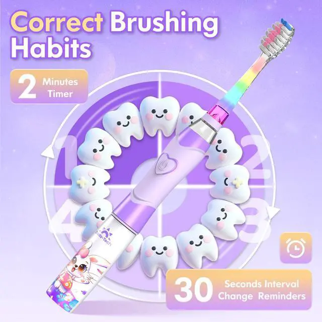 Alt view image 6 of 6 - Kids Electric Toothbrush with Timer Toddler Toothbrush Age 2-4-8-12 Girls Electric Toothbrush Rainbow LED Light Up Vibrating Toothbrush Battery Operated Childrens Sonic Tooth Brush (Rabbit Purple)