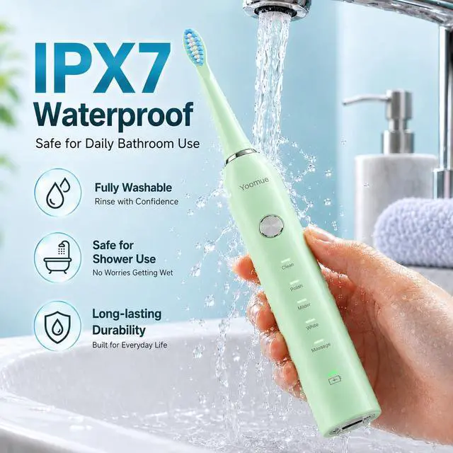 Alt view image 6 of 7 - Sonic Electric Toothbrush for Adults & Kids - 5 High-Performance Modes, 8 Replacement Heads, 2.5-Hour Fast Charge, Built-in Smart 2-Minute Timer, IPX7 Waterproof, 35Day Battery Life Light Green