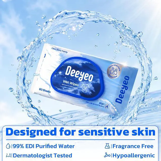 Alt view image 2 of 7 - Wet Wipes, Unscented & Hypoallergenic Wipes for Sensitive Skin, 99% EDI Purified Water, Gentle for Whole Family, Whole Body Usage, 60 Counts (1 Pack)