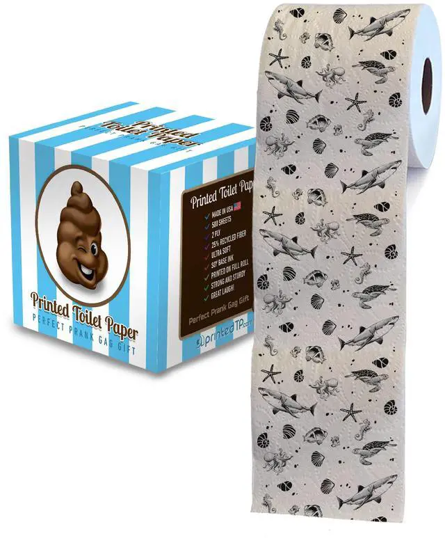 Main image of Ocean Life 2 Ply Toilet Paper Bathroom Tissue - Novelty Beach Pattern Bath Tissue Roll - Funny Toilet Paper for Home Decor, Potty Gag Gifts, Prank and Hilarious White Elephant - 500 Sheets