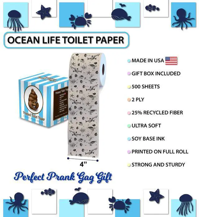 Alt view image 3 of 7 - Ocean Life 2 Ply Toilet Paper Bathroom Tissue - Novelty Beach Pattern Bath Tissue Roll - Funny Toilet Paper for Home Decor, Potty Gag Gifts, Prank and Hilarious White Elephant - 500 Sheets