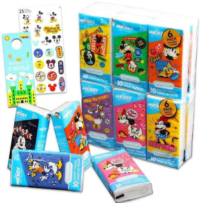 Main image of Mickey and Minnie Mouse Pocket Size Facial Tissue Set - 12 Packs of 10 Sheets (120 Tissues) Plus Stickers & Door Hanger | Disney Disposal for Travel, School, Classroom