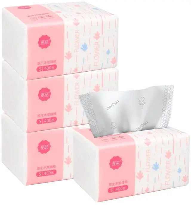 Main image of Pack of 4, Small Facial Tissue, Toilet Paper, Bag Cover, Disposable Napkin, Material Wood Pulp Fiber NOT COTTON, White Facial Paper Tissues, 5-Ply, 400 Sheets per Pack