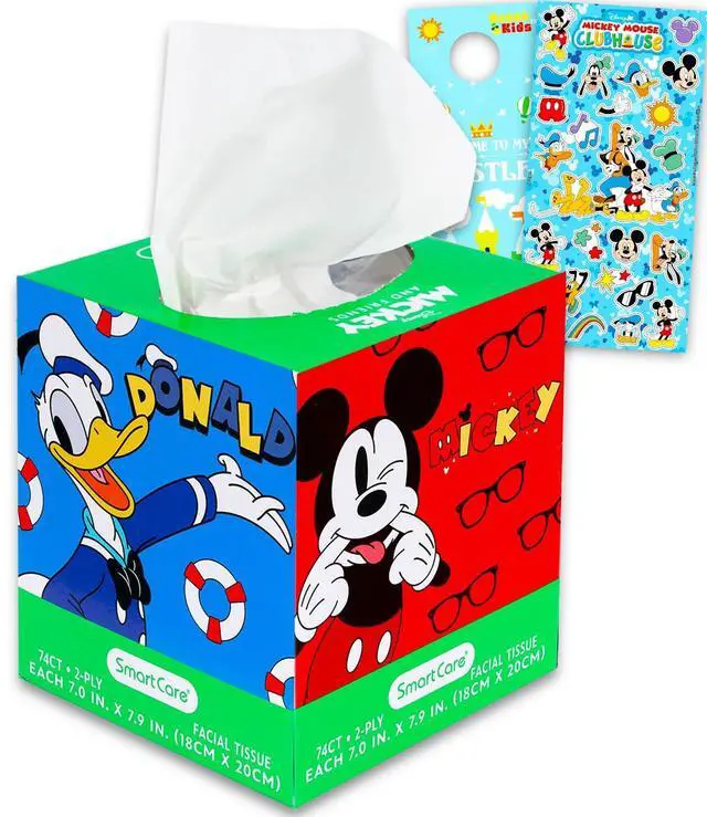 Main image of Mickey Mouse & Friends Facial Tissue Box Bundle - 74 Hypoallergenic Baby Soft Disney 2-Ply Tissues, Stickers, More for Travel, School, Classroom