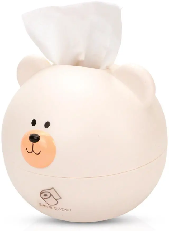 Main image of Bear Tissue Box Cover Cute Cartoon Paper Holder Facial Dispenser Organizer for Kids Living Room Bathroom Home Decor TV Stand Car Office, White Round Head Shape Toilet Tissue Container