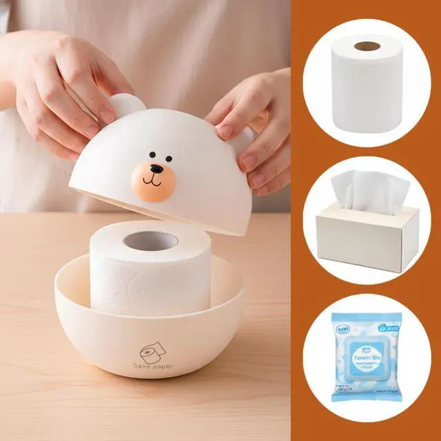 Alt view image 2 of 7 - Bear Tissue Box Cover Cute Cartoon Paper Holder Facial Dispenser Organizer for Kids Living Room Bathroom Home Decor TV Stand Car Office, White Round Head Shape Toilet Tissue Container