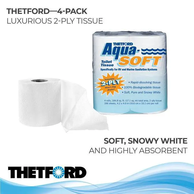 Alt view image 2 of 6 - Aqua-Soft Toilet Tissue - Toilet Paper for RV and marine - 2-ply - Thetford 03300 (Pack of 4 rolls) , White