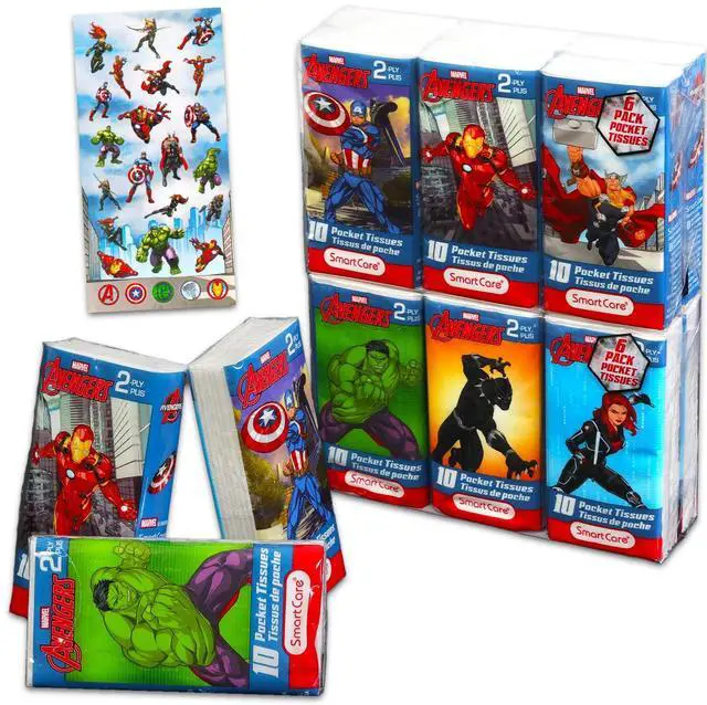Main image of Avengers Pocket Size Facial Tissues Set - 12 Packs of 10 Sheets (120 Sheets) Plus Stickers Disposal Tissues for Travel, School, Classroom