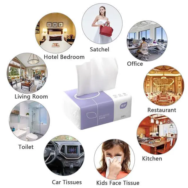 Alt view image 2 of 7 - Pack of 6, Soft Small Facial Tissue, Toilet Paper, Bag Cover NOT Box, Disposable Facial Napkin, White Facial Paper, Material Wood Pulp Fiber NOT COTTON, 4-Ply, 240 Sheet per Pack