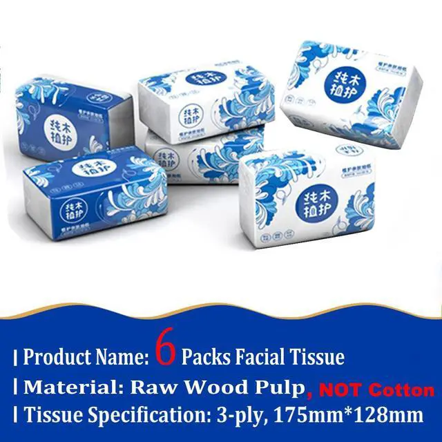 Alt view image 7 of 7 - Pack of 6, Small Facial Tissues, Toilet Paper, Disposable Napkins, Material Wood Pulp Fiber NOT COTTON, White Facial Paper Tissue, 3-Ply, 300 Sheets per Pack