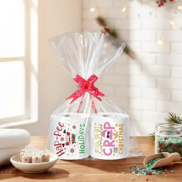 Alt view image 6 of 6 - 2 Rolls Christmas Toilet Paper Gifts Santa Claus Toilet Tissue with Packaging Bag and Bow Disposable Xmas Paper Towels Christmas Stocking Stuffers for Holiday Birthday Party Supply (Pink)