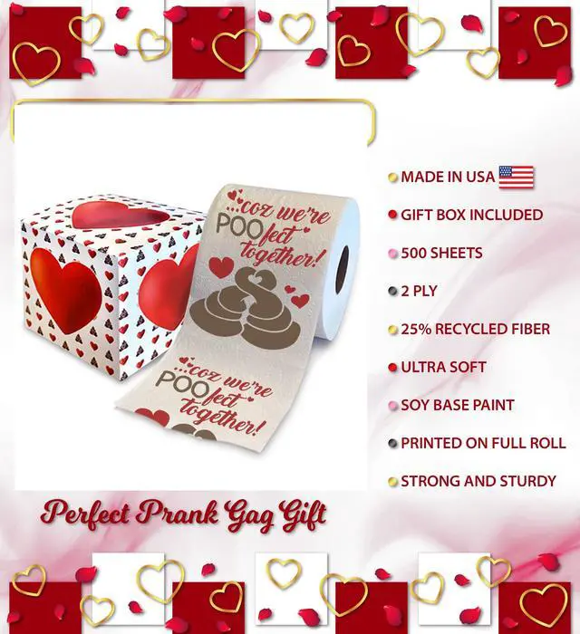 Alt view image 3 of 7 - Coz We're POO-fect Together Printed Toilet Paper Gag Gift - Funny Toilet Paper Roll for Valentines, Bathroom Decor, Romantic Novelty Valentines Day Gift for Him or Her - 500 Sheets