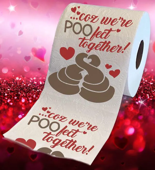 Alt view image 2 of 7 - Coz We're POO-fect Together Printed Toilet Paper Gag Gift - Funny Toilet Paper Roll for Valentines, Bathroom Decor, Romantic Novelty Valentines Day Gift for Him or Her - 500 Sheets