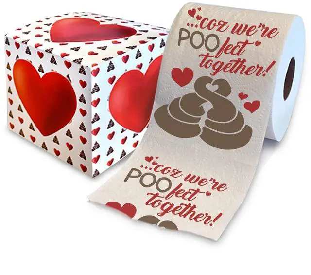 Main image of Coz We're POO-fect Together Printed Toilet Paper Gag Gift - Funny Toilet Paper Roll for Valentines, Bathroom Decor, Romantic Novelty Valentines Day Gift for Him or Her - 500 Sheets