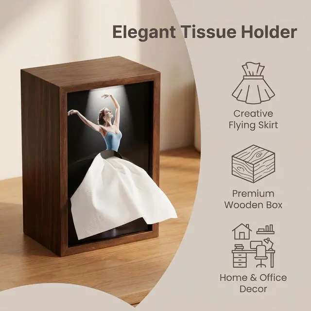 Alt view image 5 of 6 - Ballerina Tissue Box Elegant Wooden Ballet Girl Tissue Box Cover, Flying Skirt Tissue Holder for Home Office Bathroom Decor