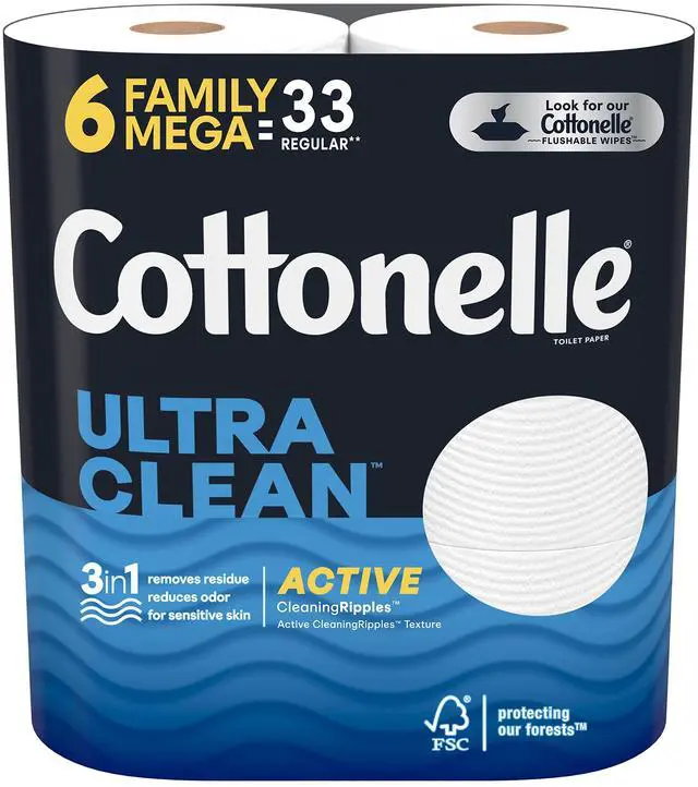 Main image of Ultra Clean Toilet Paper with Active CleaningRipples Texture, Strong Bath Tissue, 6 Family Mega Rolls = 33 Regular Rolls, 388 Sheets per Roll