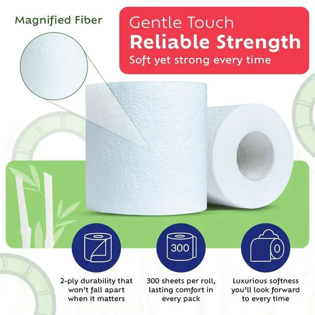Alt view image 3 of 7 - Bamboo Toilet Paper, Septic Safe Toilet Paper 2 Ply 12 Rolls 300 Sheets Per Roll, Soft Unscented Bath Tissue, RV Safe, Eco-Friendly, Non Chlorine, PFAS Free, Made in Canada
