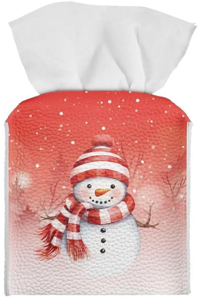 Main image of Tissue Box Cover, Red Christmas Snowman Facial Tissue Case for Women Girls Durable Leather Napkin Holder Case Paper Organizer Dispenser for Bathrooms/Office/Car/Nightstand