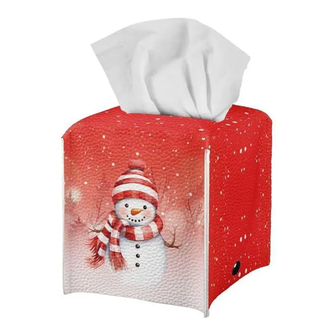 Alt view image 2 of 6 - Tissue Box Cover, Red Christmas Snowman Facial Tissue Case for Women Girls Durable Leather Napkin Holder Case Paper Organizer Dispenser for Bathrooms/Office/Car/Nightstand