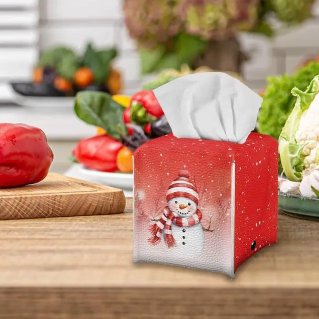 Alt view image 4 of 6 - Tissue Box Cover, Red Christmas Snowman Facial Tissue Case for Women Girls Durable Leather Napkin Holder Case Paper Organizer Dispenser for Bathrooms/Office/Car/Nightstand