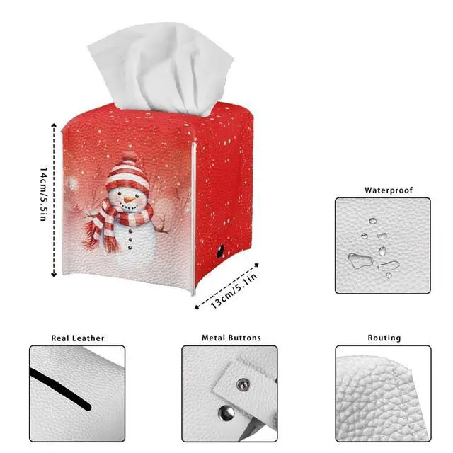 Alt view image 6 of 6 - Tissue Box Cover, Red Christmas Snowman Facial Tissue Case for Women Girls Durable Leather Napkin Holder Case Paper Organizer Dispenser for Bathrooms/Office/Car/Nightstand