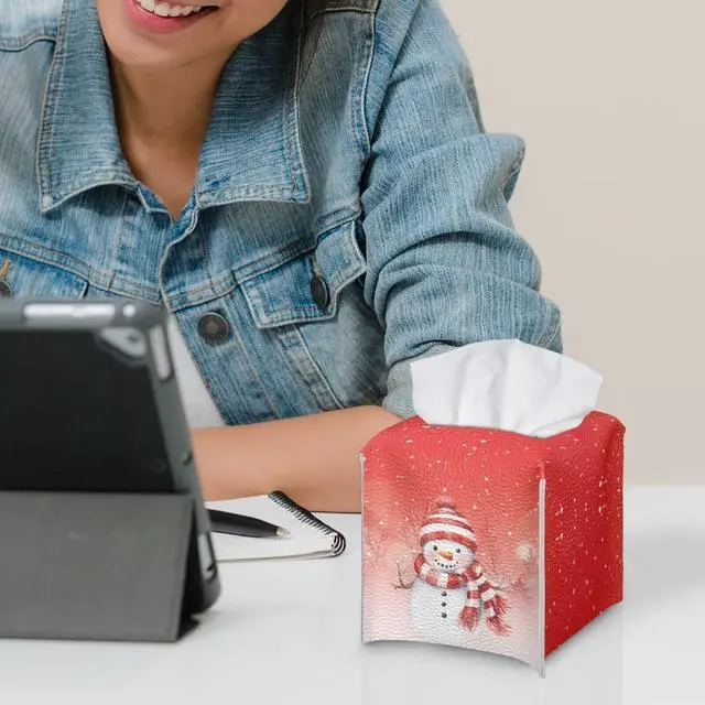 Alt view image 5 of 6 - Tissue Box Cover, Red Christmas Snowman Facial Tissue Case for Women Girls Durable Leather Napkin Holder Case Paper Organizer Dispenser for Bathrooms/Office/Car/Nightstand