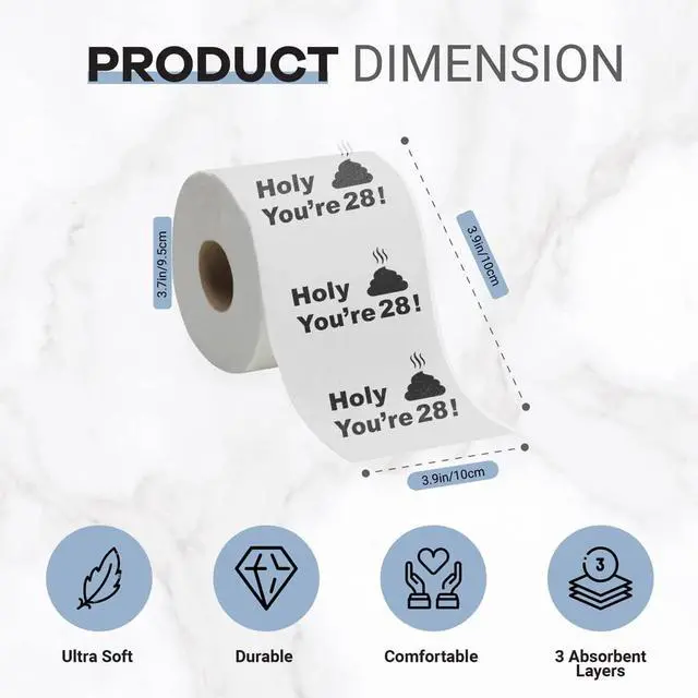 Alt view image 2 of 6 - 28th Birthday Decorations Toilet Paper for Boys & Girls - Funny Design Novelty Great Hilarious Gag Gift - Eco-Friendly, Ultra Soft & Comfortable - Perfect for Birthday Christmas & Party Supplies