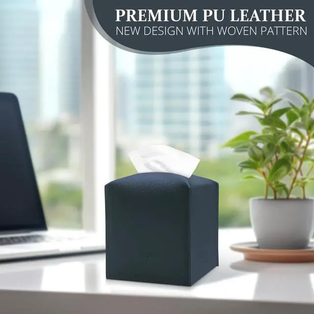 Alt view image 2 of 7 - Tissue Box Cover, PU Leather Tissue Box Holder with Bottom Belt, Modern Square Tissue Box Covers with Wide Opening (Blue, Woven Patterns)