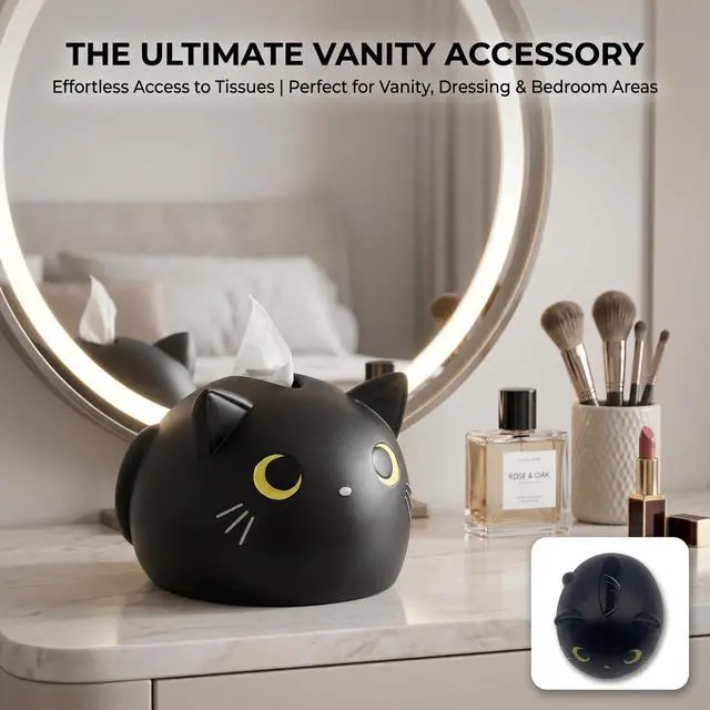 Alt view image 3 of 6 - 7.1 x 4.7 x 4.7 Inch Cartoon Cat Tissue Box - Whimsical Tissue Dispenser for Bathroom Kitchen Bedroom Home Decor, Cute Kitty Face - Black Silicone