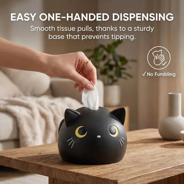Alt view image 4 of 6 - 7.1 x 4.7 x 4.7 Inch Cartoon Cat Tissue Box - Whimsical Tissue Dispenser for Bathroom Kitchen Bedroom Home Decor, Cute Kitty Face - Black Silicone