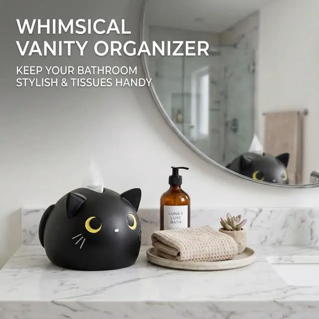Alt view image 5 of 6 - 7.1 x 4.7 x 4.7 Inch Cartoon Cat Tissue Box - Whimsical Tissue Dispenser for Bathroom Kitchen Bedroom Home Decor, Cute Kitty Face - Black Silicone