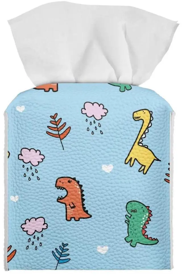 Main image of Cartoon Dinosaur Tissue Box Holder for Kids Room Decoration Durable Leather PU Napkin Holder Case Cover Square Cube Tissue Facial Paper Organizers with Bottom Belt