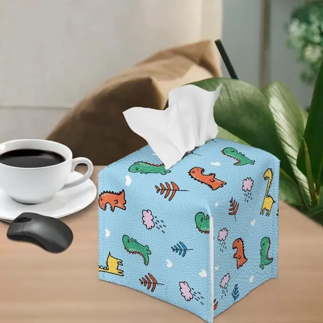 Alt view image 4 of 7 - Cartoon Dinosaur Tissue Box Holder for Kids Room Decoration Durable Leather PU Napkin Holder Case Cover Square Cube Tissue Facial Paper Organizers with Bottom Belt