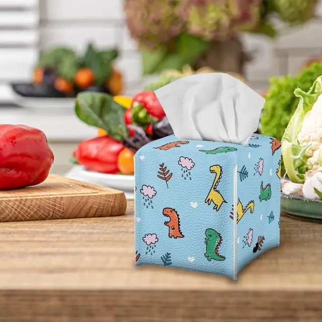 Alt view image 5 of 7 - Cartoon Dinosaur Tissue Box Holder for Kids Room Decoration Durable Leather PU Napkin Holder Case Cover Square Cube Tissue Facial Paper Organizers with Bottom Belt