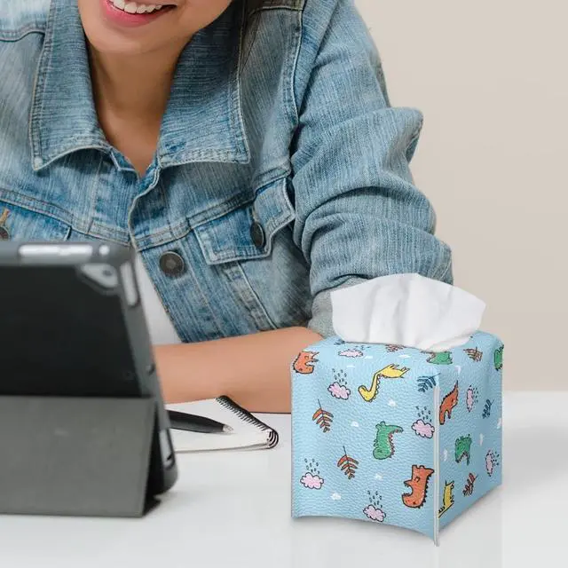 Alt view image 6 of 7 - Cartoon Dinosaur Tissue Box Holder for Kids Room Decoration Durable Leather PU Napkin Holder Case Cover Square Cube Tissue Facial Paper Organizers with Bottom Belt