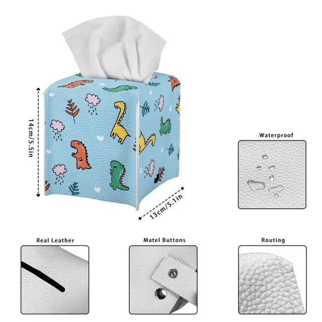 Alt view image 7 of 7 - Cartoon Dinosaur Tissue Box Holder for Kids Room Decoration Durable Leather PU Napkin Holder Case Cover Square Cube Tissue Facial Paper Organizers with Bottom Belt