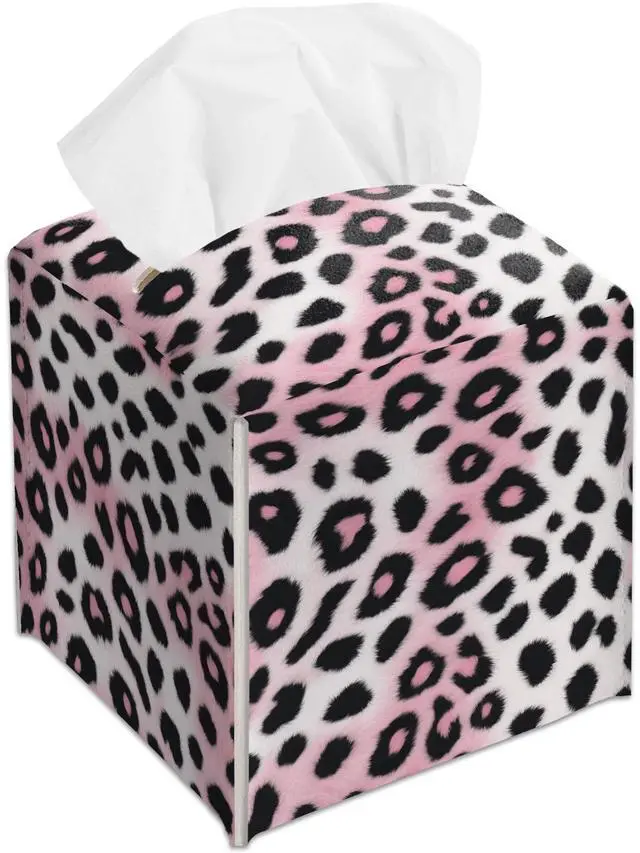 Main image of Pink Cheetah Decorative Square Leather Tissue Box Cover - Cute Tissue Holder Gifts for Women Family and Friends Funny Unique for Home Decor Decorative for Kids Room Kitchen Bathroom Office - A29