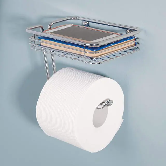 Alt view image 4 of 5 - Classico Metal Wall Mount Toilet Paper Holder with Wire Shelf for Master, Guest, Kid's Bathroom, 7.25" x 5.25" x 5.3", Chrome