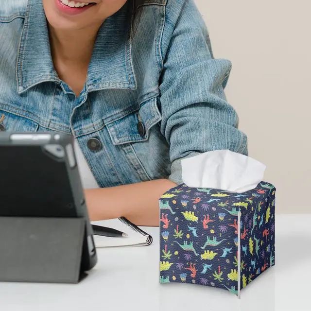 Alt view image 7 of 7 - Cartoon Dinosaur Tissue Box Covers Square Tissue Box Holder Organizers Leather PU Facial Paper Holder Case for Bathroom Night Stand Kids Room Decoration