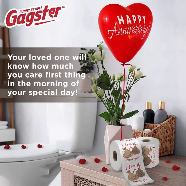 Alt view image 5 of 6 - Romantic Toilet Paper Roll by Gagster - 3 Ply Funny Novelty Gag TP - 200 Sheets Per Roll For Birthday Valentine's Day and Anniversary Gag Gift Printed on Every Sheet - I Love the "Stuffing" Outta You
