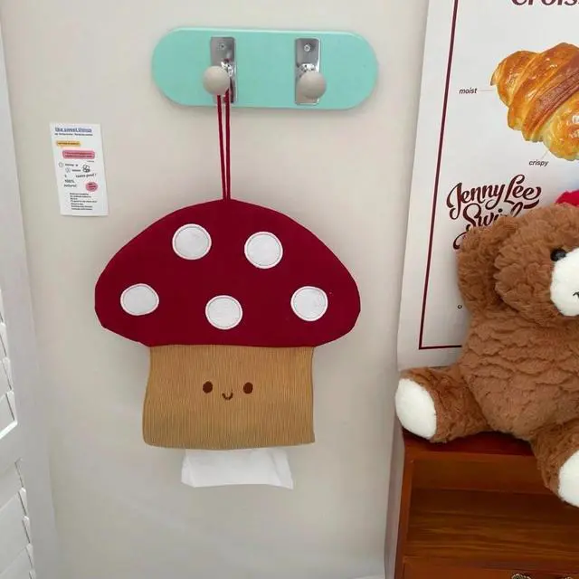 Alt view image 3 of 6 - Adorable Mushroom Corduroy Tissue Box Cover - Whimsical Hanging Tissue Holder for Kids Room, Nursery, Bathroom, Cute Home Decor