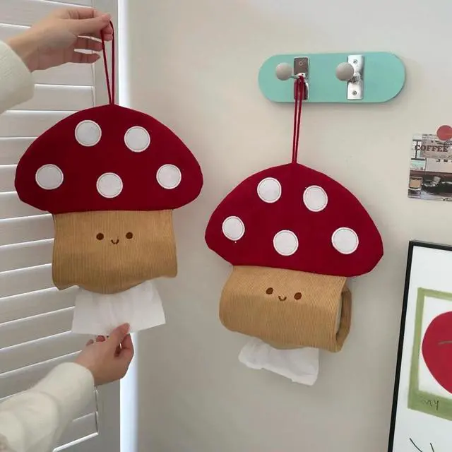 Alt view image 6 of 6 - Adorable Mushroom Corduroy Tissue Box Cover - Whimsical Hanging Tissue Holder for Kids Room, Nursery, Bathroom, Cute Home Decor