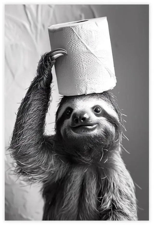 Main image of Sloth with Toilet Paper on Head, Poster Or Canvas, Funny Bathroom Wall Art, Kids Laundry Room Decor, Animal Humor Photo, Cute Sloth Print 12x18inch(30x45cm) Unframe-style