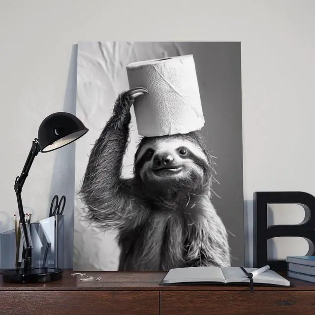 Alt view image 2 of 7 - Sloth with Toilet Paper on Head, Poster Or Canvas, Funny Bathroom Wall Art, Kids Laundry Room Decor, Animal Humor Photo, Cute Sloth Print 12x18inch(30x45cm) Unframe-style
