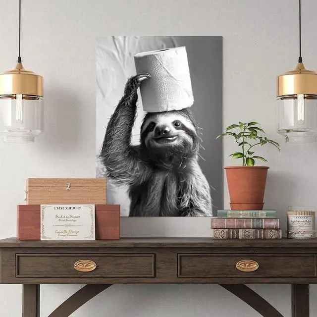 Alt view image 6 of 7 - Sloth with Toilet Paper on Head, Poster Or Canvas, Funny Bathroom Wall Art, Kids Laundry Room Decor, Animal Humor Photo, Cute Sloth Print 12x18inch(30x45cm) Unframe-style