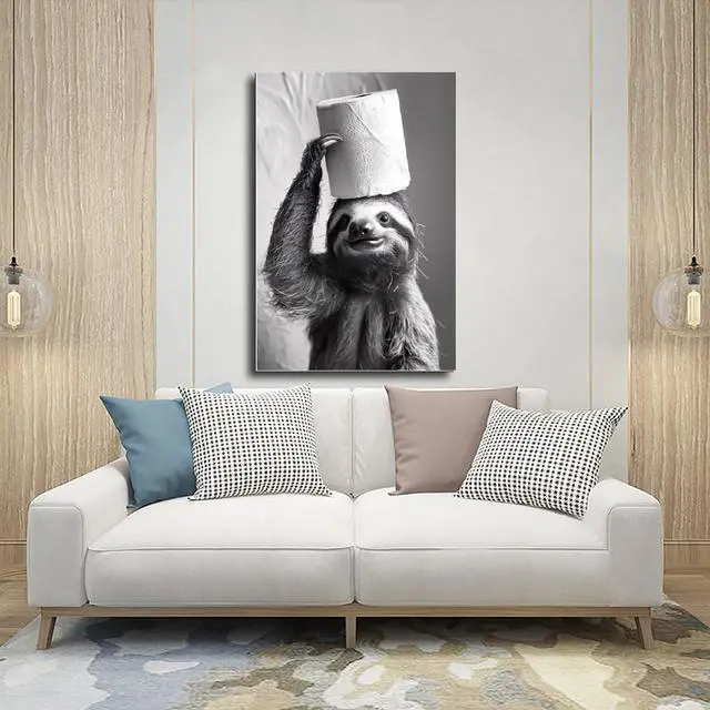 Alt view image 4 of 7 - Sloth with Toilet Paper on Head, Poster Or Canvas, Funny Bathroom Wall Art, Kids Laundry Room Decor, Animal Humor Photo, Cute Sloth Print 12x18inch(30x45cm) Unframe-style